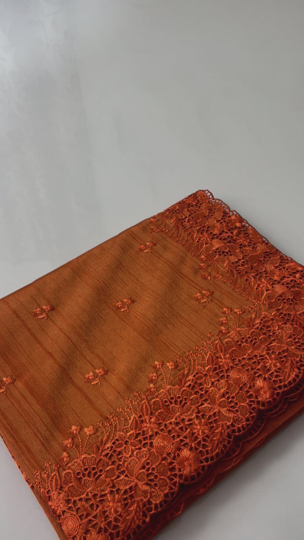 Cutwork semi tussar saree  - MSTH123 Orange