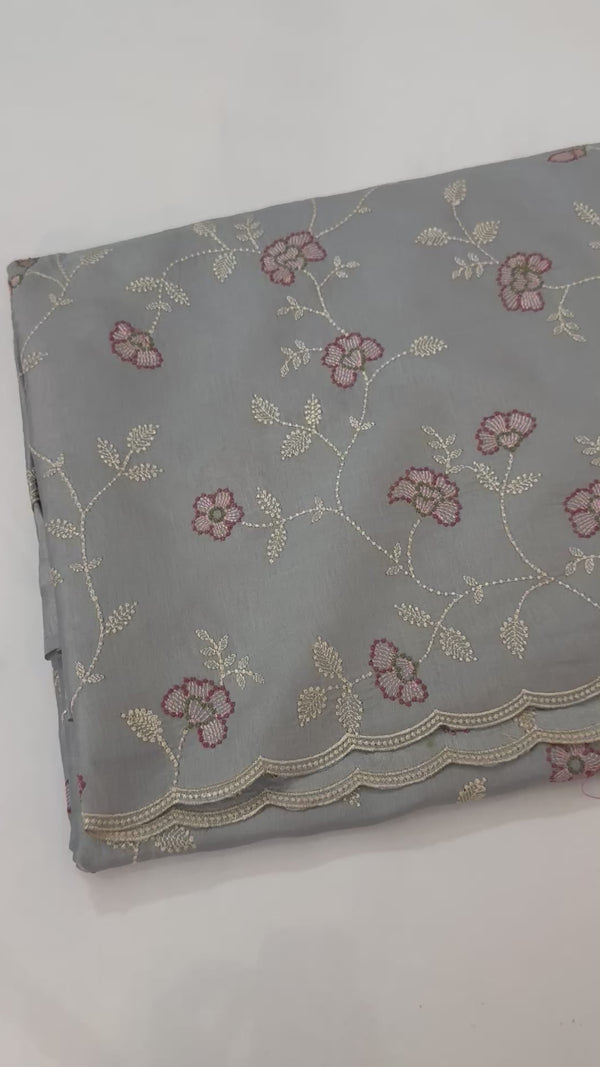 Kosa Tussar silk saree with embriodery and scalloped border - MS8177 Ash