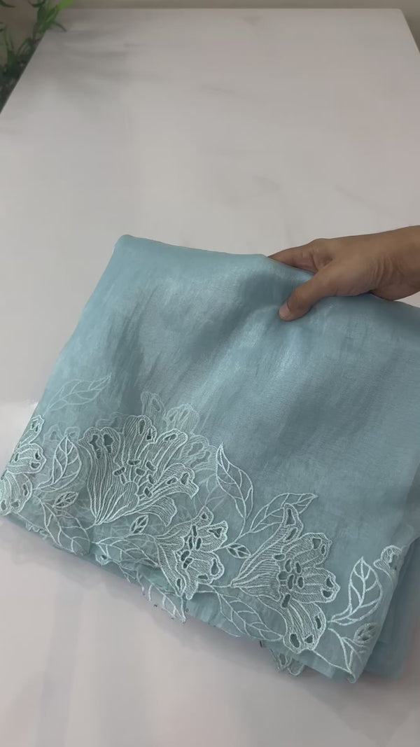 Tissue Organza cutwork sarees FBLK154 PastelBlue