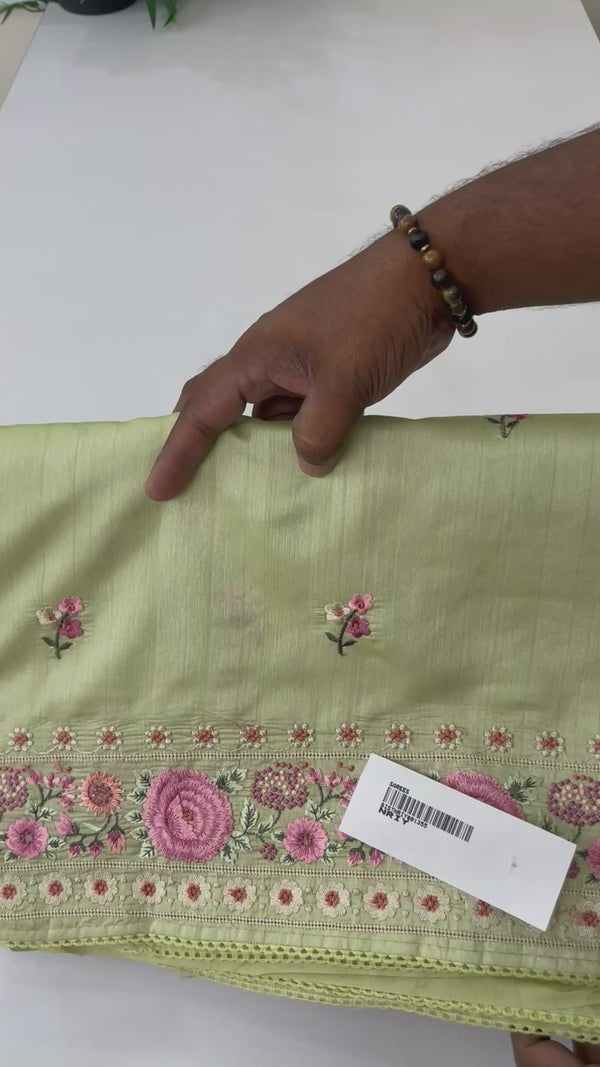 Blended tussar saree with floral embroidery- BISTNRIY- PastelGreen