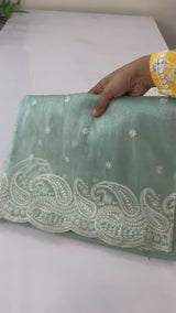 Organza saree with embroidery scalloped border MS13910 Pastel Aqua