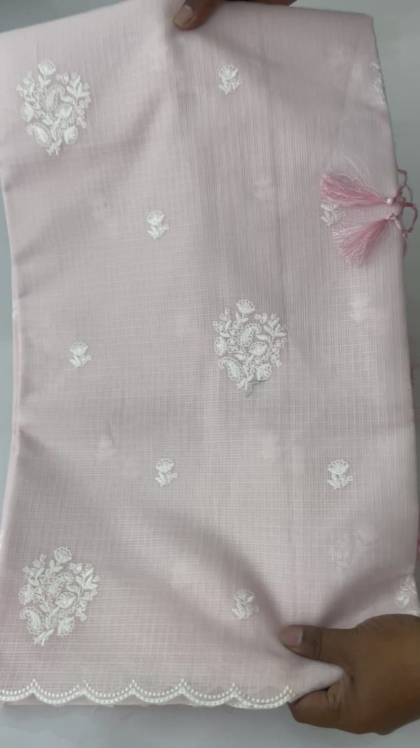 Soft kota checks saree with embroidery BFW497 PastelBabypink