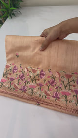 Blended tussar saree with floral embroidery- BISTNTCY Peach