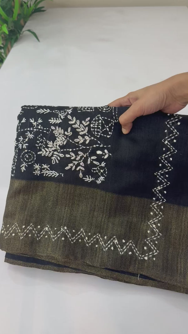 Jute silk saree with hand kanta work FBLK166 Black