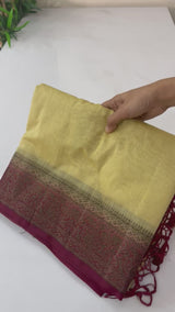 Jute silk sarees with contrast pallu & blouse MJL390 CreamyYellow to MaroonRed