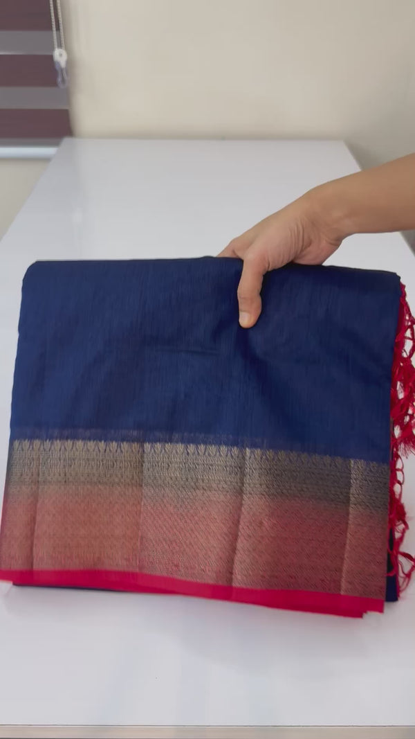 Jute silk sarees with contrast pallu & blouse MJL396- DarkBlue to Red