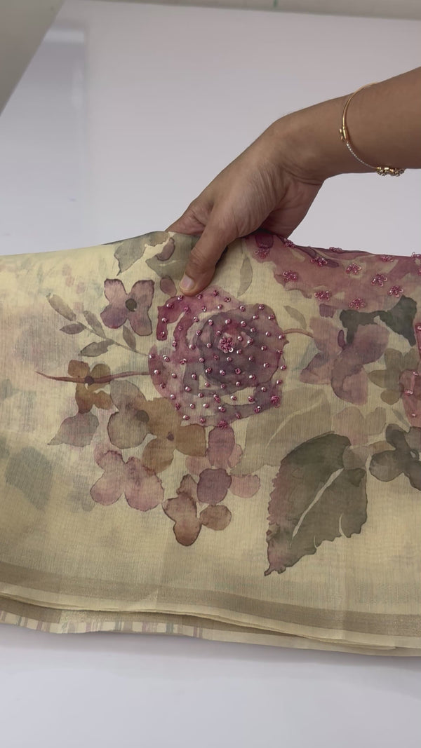 Linen- chanderi saree with french knots, sequence and bead work - MS19965