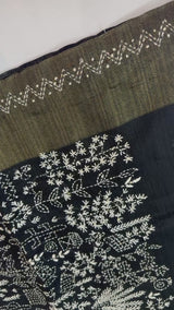 Jute silk saree with hand kanta work FBLK166 Black