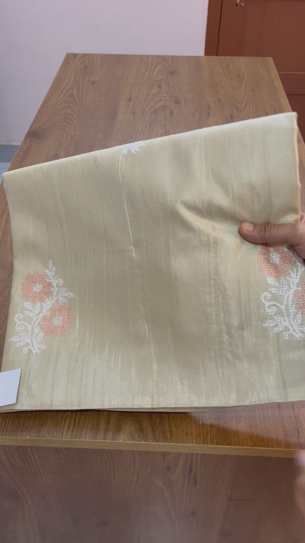 Crepe semi tussar silk saree- MSS636 Peach & white flowers