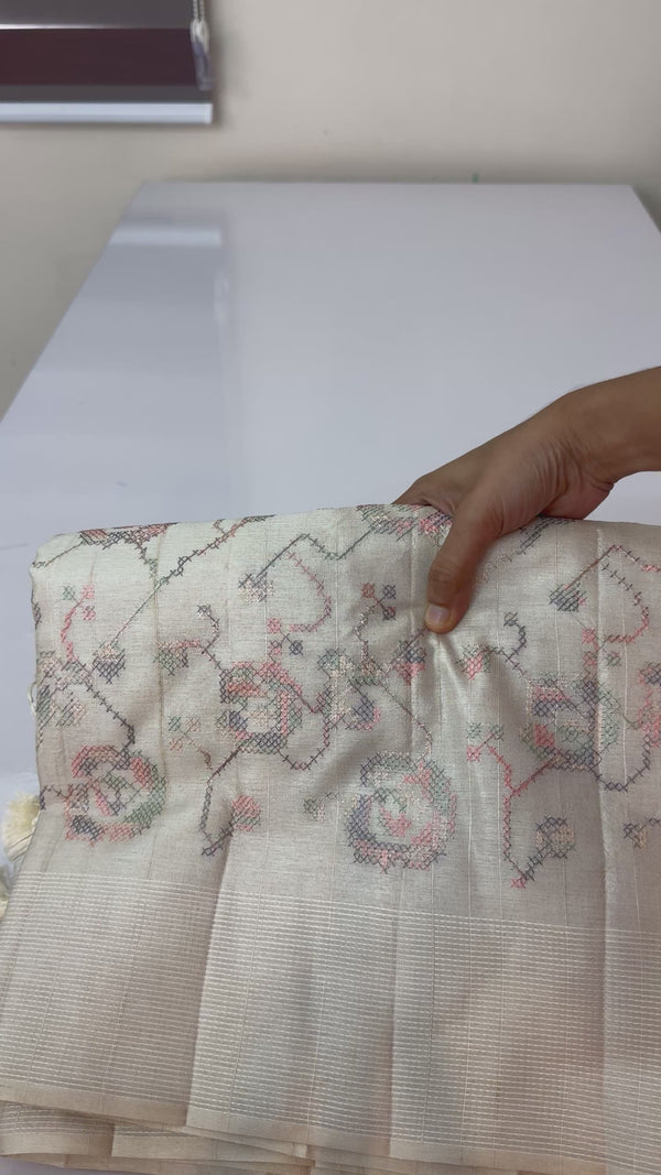 Blended tussar saree with embriodery - MS8665 Cream