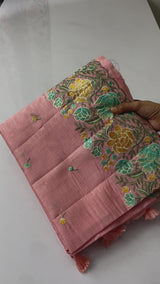 Crushed semi tussar silk saree with embroidery- SNFCYEY32 Peachypink