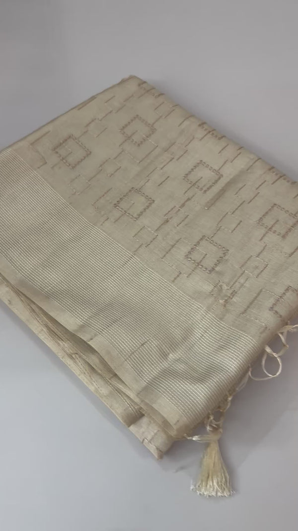 Blended tussar saree with embriodery - MS8665 Cream