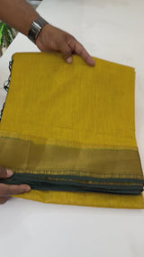 Jute silk sarees with contrast pallu & blouse YellowishGreen to BottleGreen