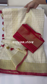 Linen saree with gold zari checks MLS9766- RED