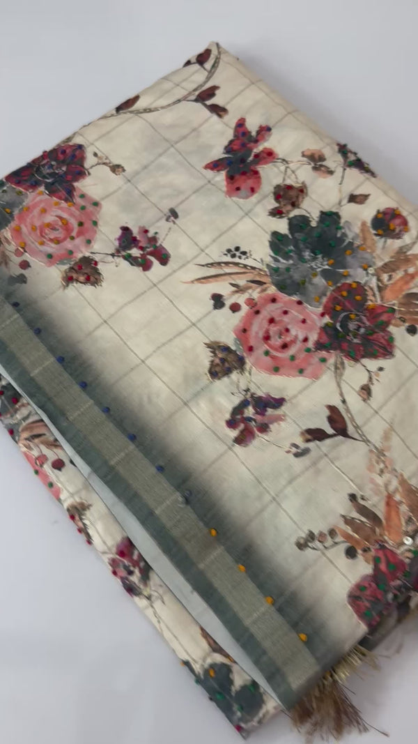 Blended tussar silk saree with french knots, sequence and kanta work - MS14855