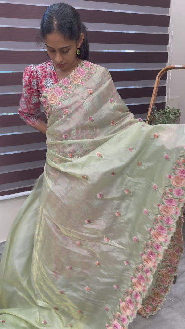 Crush Organza embroidery saree MCR113 DustyGreen