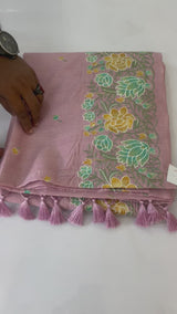 Crushed semi tussar silk saree with embroidery- SNFCYEY34 OnionPink