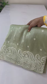 Organza saree with embroidery scalloped border MS13910 DustyGreen