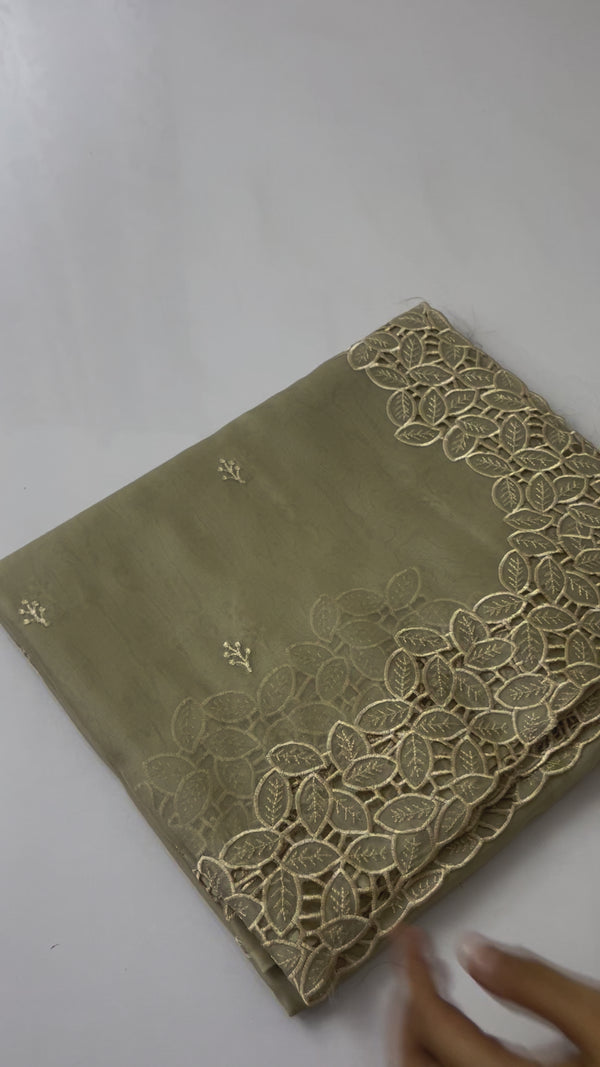 Cutwork nylon Organza Saree - MNOS214 Beige