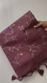 Matka tussar saree with cross stitch embroidery MCTE216 Faded Wine