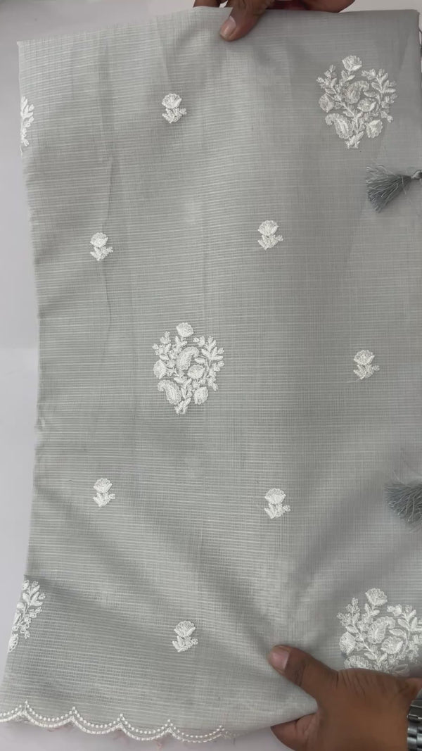 Soft kota checks saree with embroidery BFW497 PastelGrey