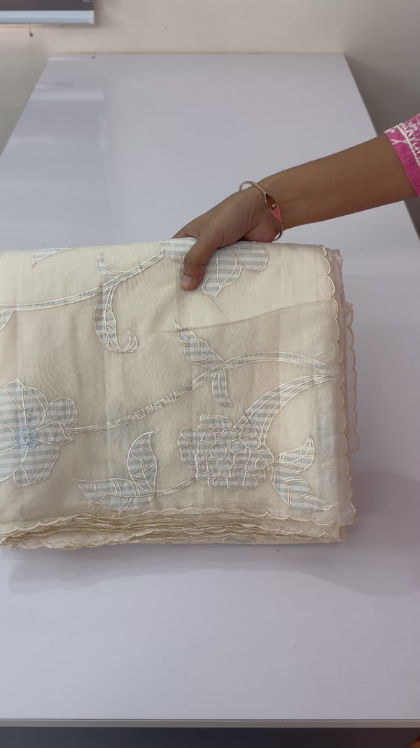 Mul chanderi applique work saree  MSH931- Offwhite to PowderBlue