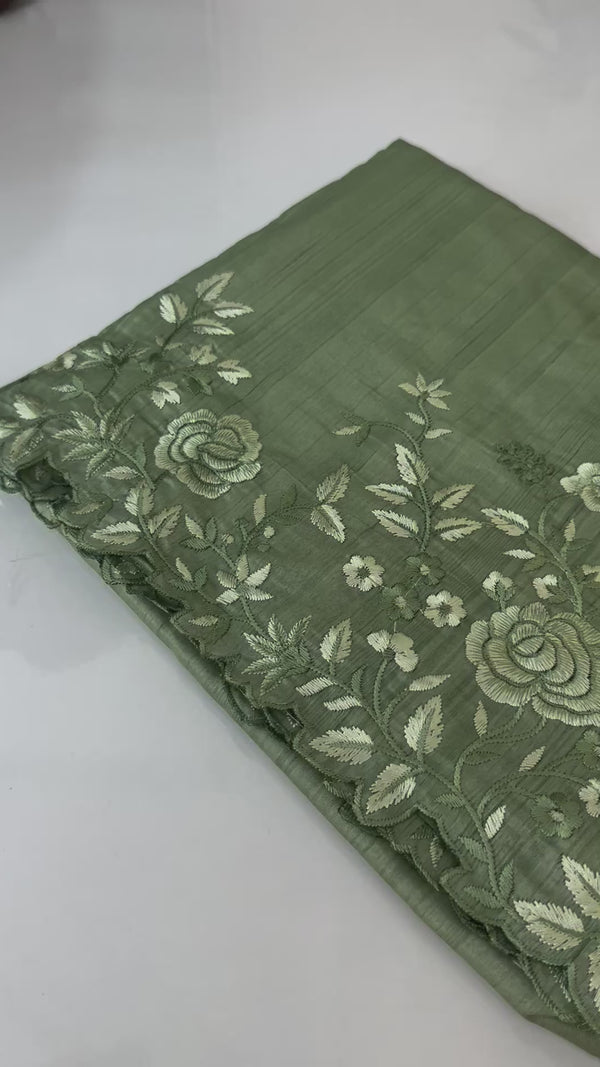 Embroidered Crepe semi tussar silk saree- MSS721 DustyGreen