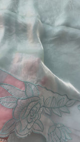 Fancy satin silk organza saree with applique borders MS14207 BlueGreen