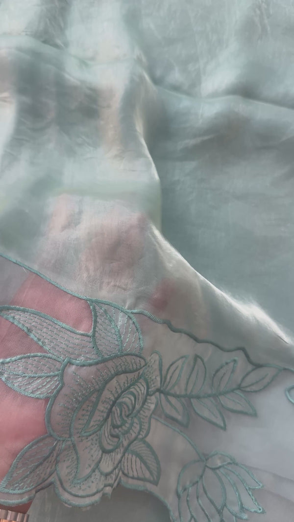 Fancy satin silk organza saree with applique borders MS14207 BlueGreen