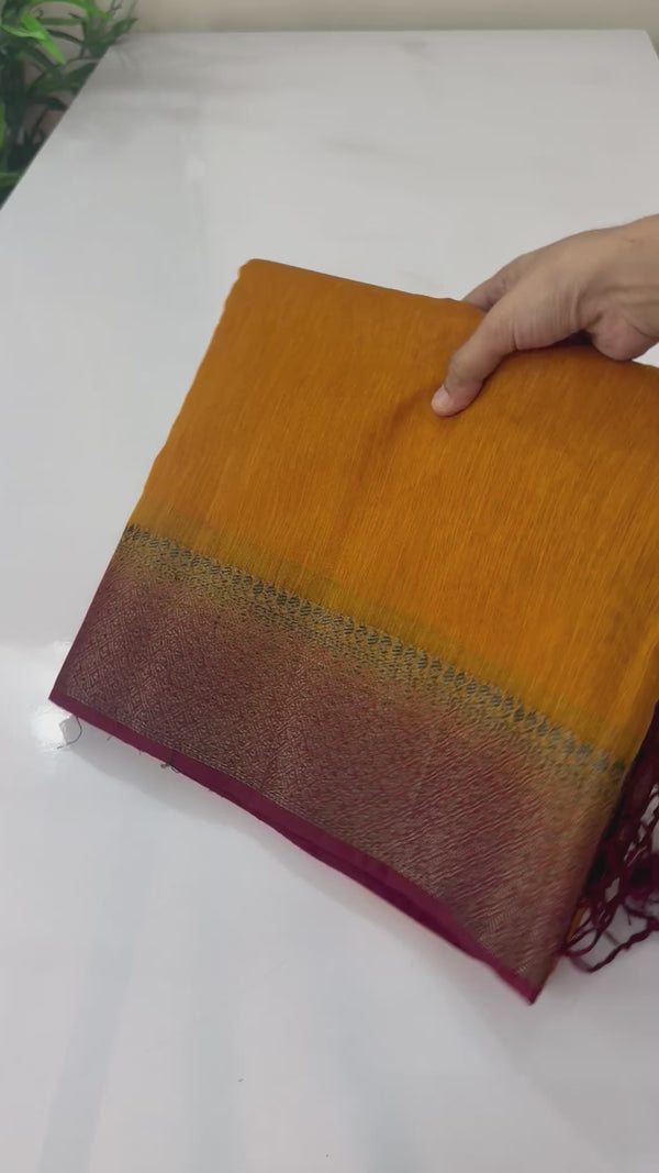 Jute silk sarees with contrast pallu & blouse MJL392 -Mustard to Maroon