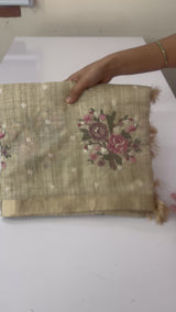 Premium Tussar-linen saree with cross stitch embroidery MLS16186
