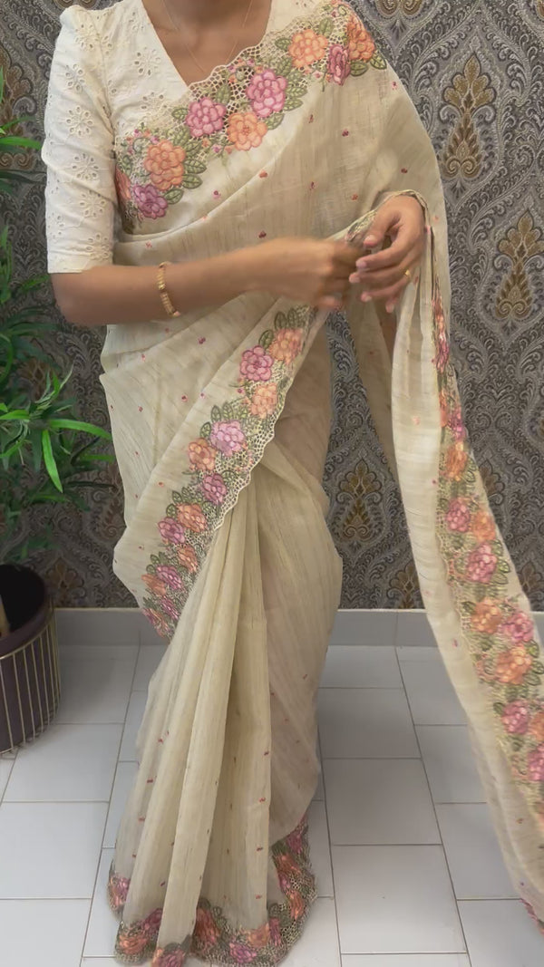 Embriodery Kota Silk Cutwork saree FBLK100 - Beige