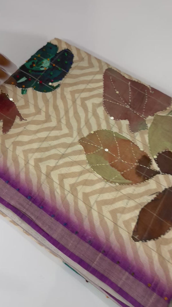 Blended tussar silk saree with french knots, sequence and kanta work - MS14855