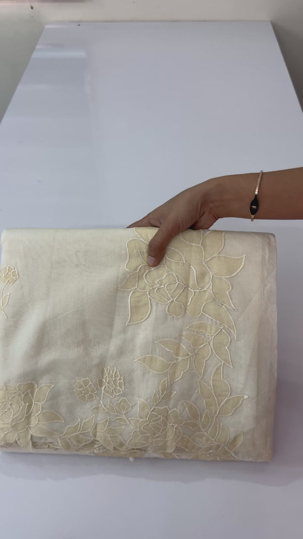 Mul chanderi applique work saree  MSH136 - Cream