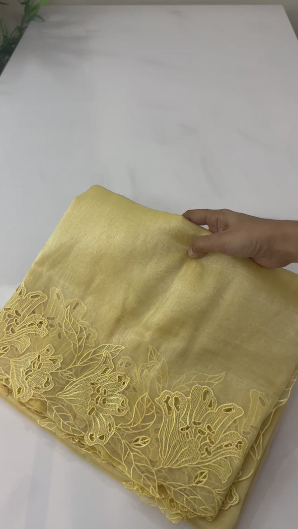 Tissue Organza cutwork sarees FBLK154 CreamyYellow