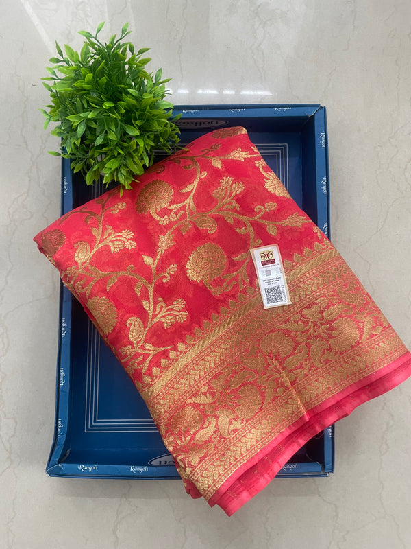 Pure Banarasi Khaddi Georgette Saree-PeachRed MGS201